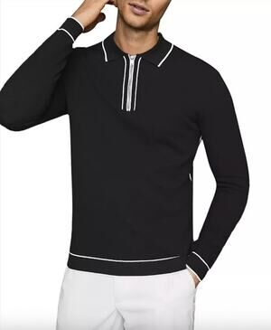 REISS Lanark Long-Sleeve Pique Polo Shirt Size M NEW Black White $195